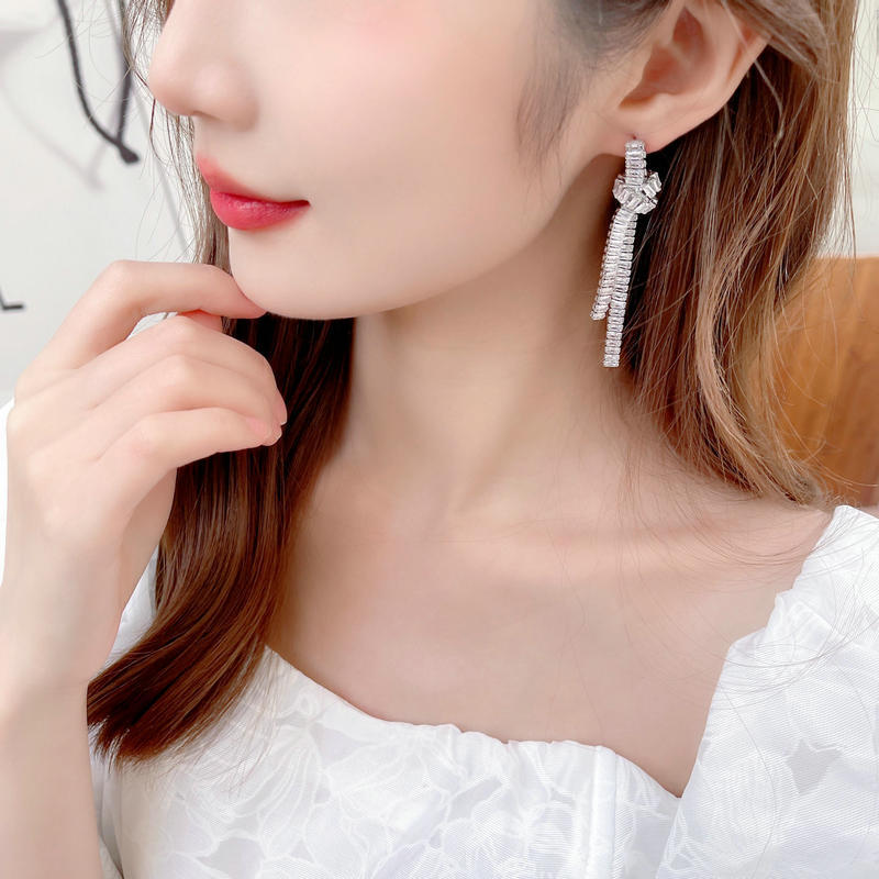 Rectangular Zircon Inlaid Knotted Long Fringe Earrings Cn360