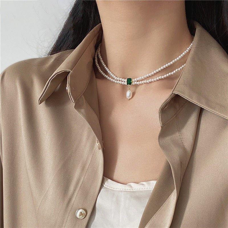Emerald Square Rhinestone Pearl Necklace Cn444