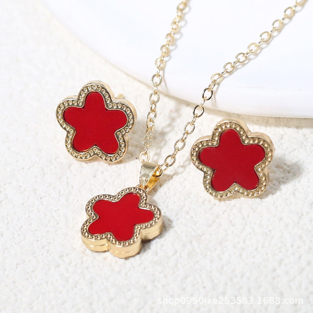 Double-Sided Wide-Brimmed Fritillary Plum Blossom Two-Piece Pendant Necklace Ear Stud Cn0282