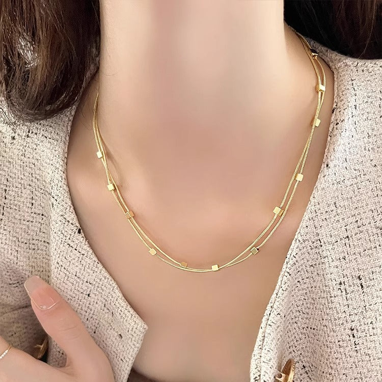 Women's Small Square Double-Layer Necklace Light Luxury Minority Sweater Chain Cn562