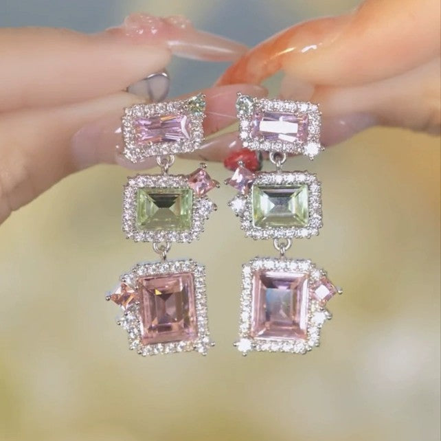 Silver Stud Rhinestone-Encrusted Pink Square Tassel Earrings Cn543