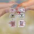 Silver Stud Rhinestone-Encrusted Pink Square Tassel Earrings Cn543