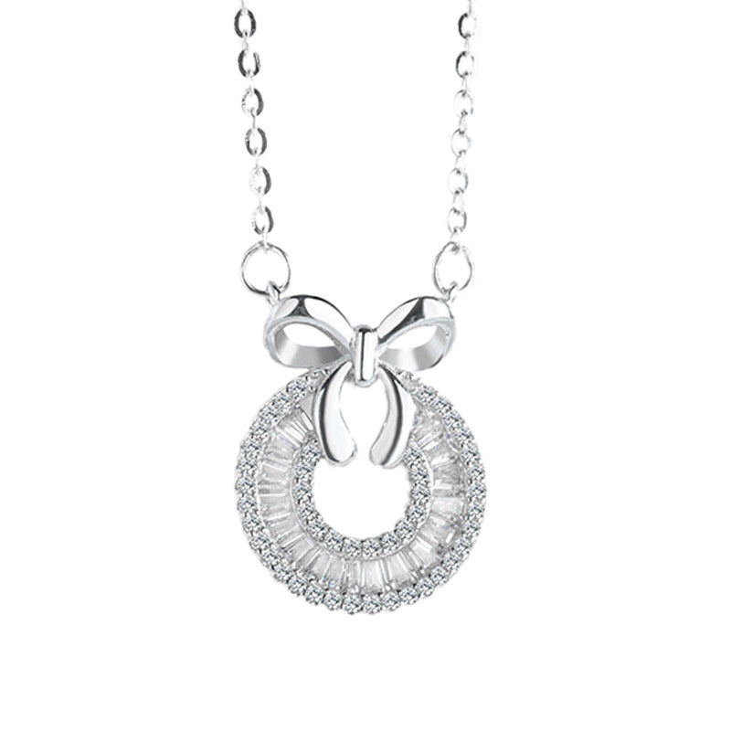 S925 Sterling Silver Diamond Ring Bow Necklace Cn448