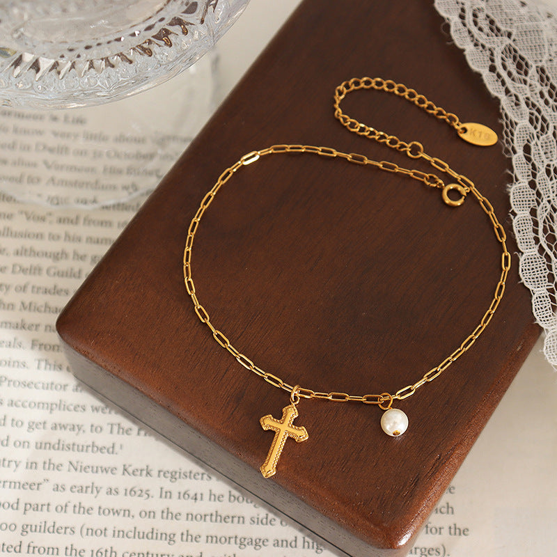 Summer ankle bracelet: unique, vintage-inspired design with cross pendant and pearl accents