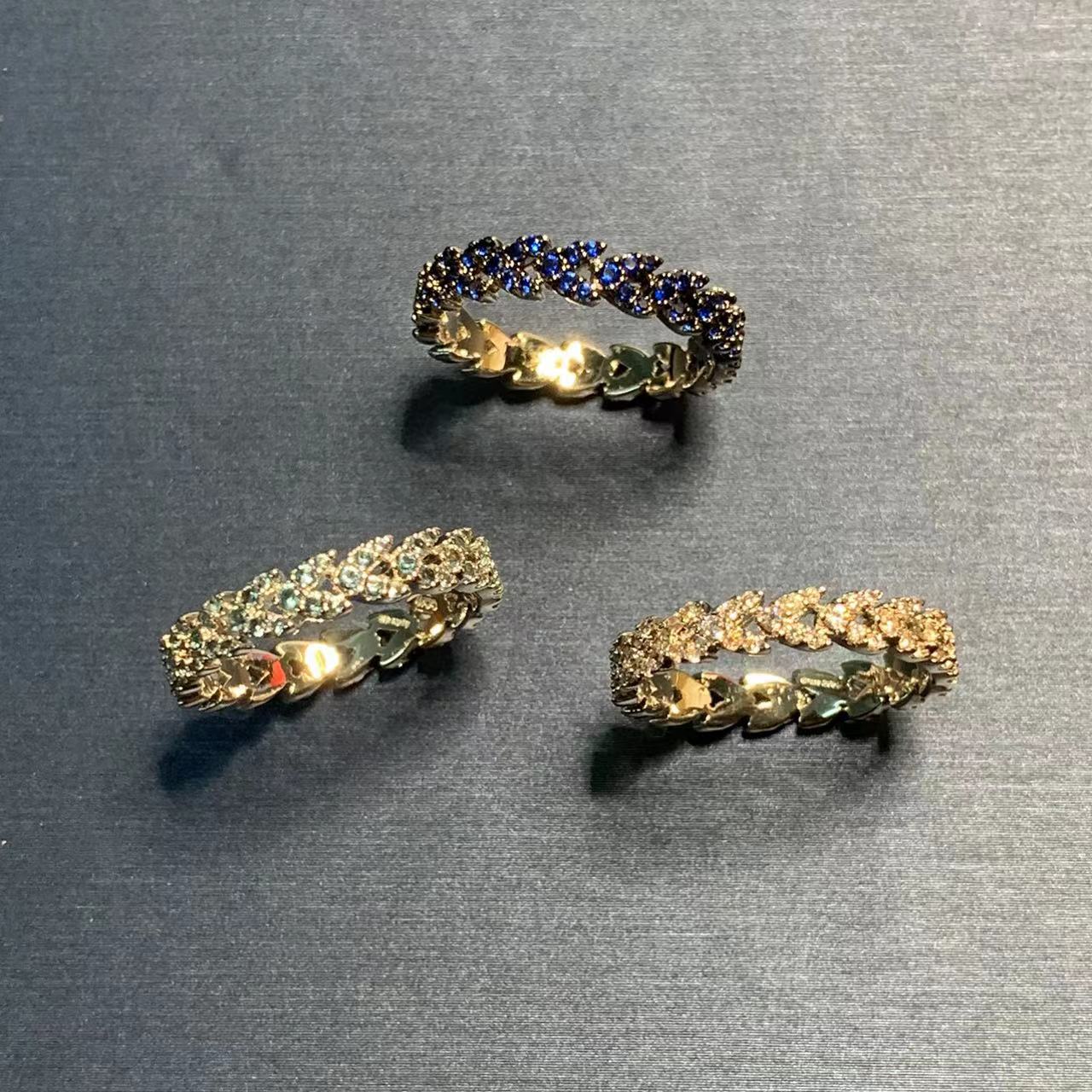 Wheat Ear Ring Female Heart-Shaped Full Diamond Ring Love Ring Light Blue Cn479