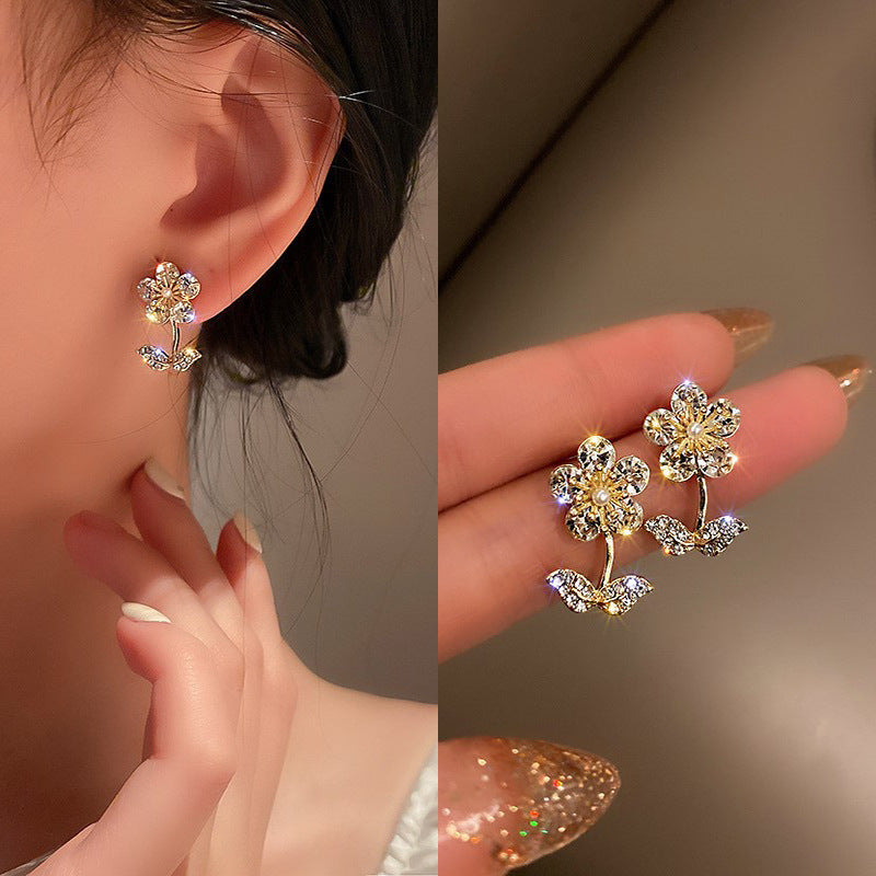 Zircon Flower Earrings Crystal Petal Stud Earrings One Style for Dual-Wear Earrings Cn467