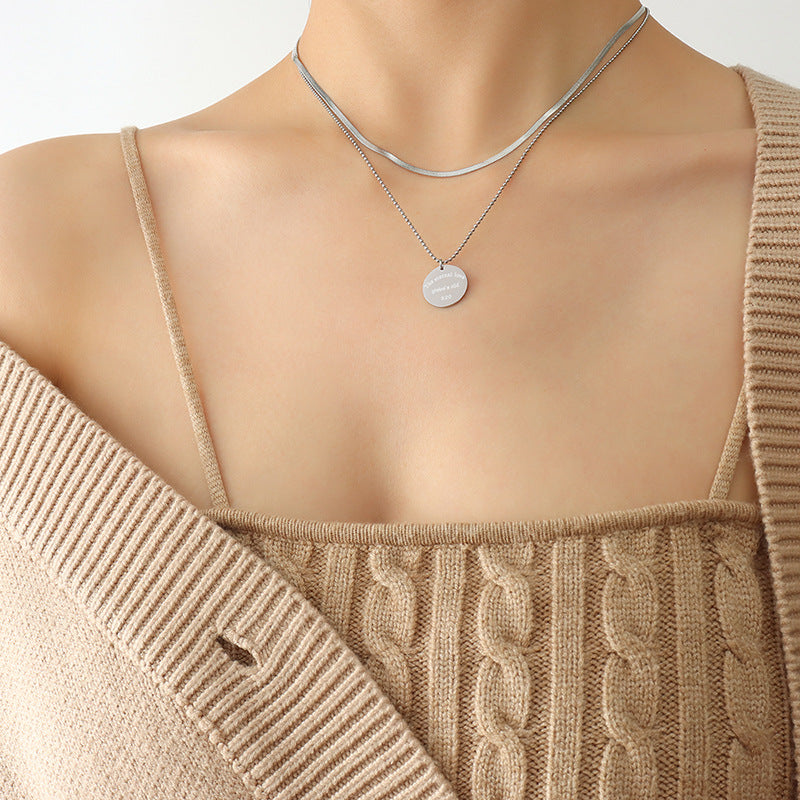 English Letter round Plate Pendant Double-Layer Chain Titanium Steel Gold-Plated Necklace Cn0284