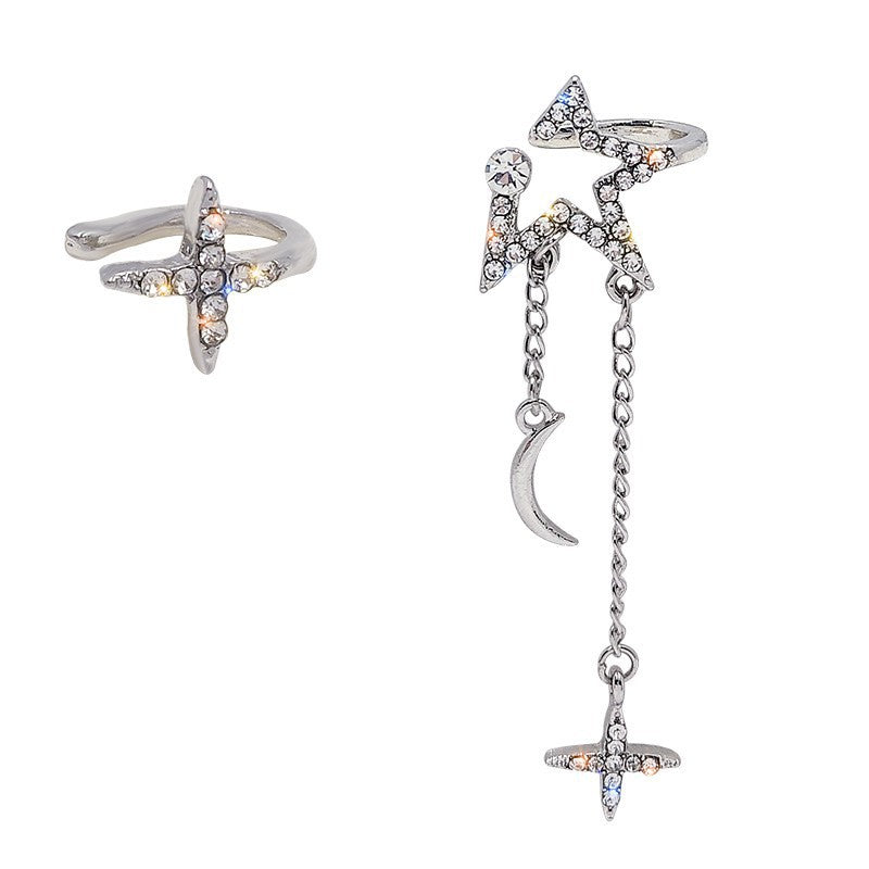 Diamond-Embedded Star Moon Earless Ear Clip Cn499