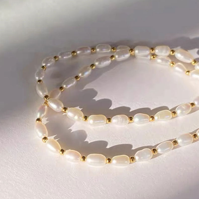 Hong Kong style does not fade light luxury double-layer freshwater pearl necklace wholesale does not fade female collarbone chain titanium steel jewelry