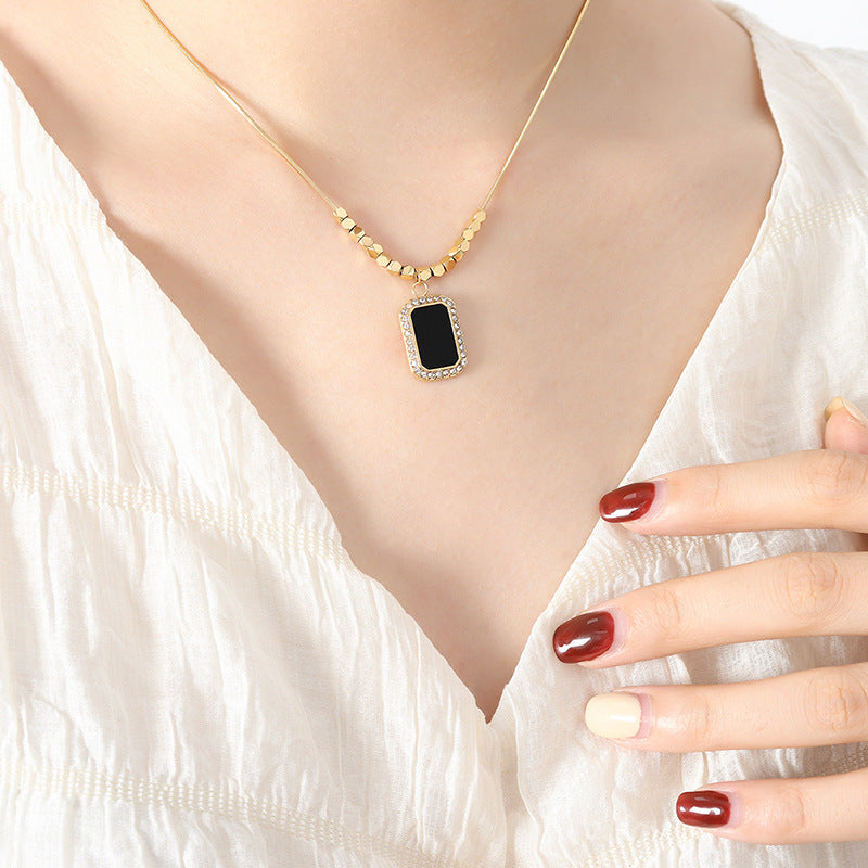 Black Square Plate Jeweled Pendant Geometric Small Square Necklace Cn0285