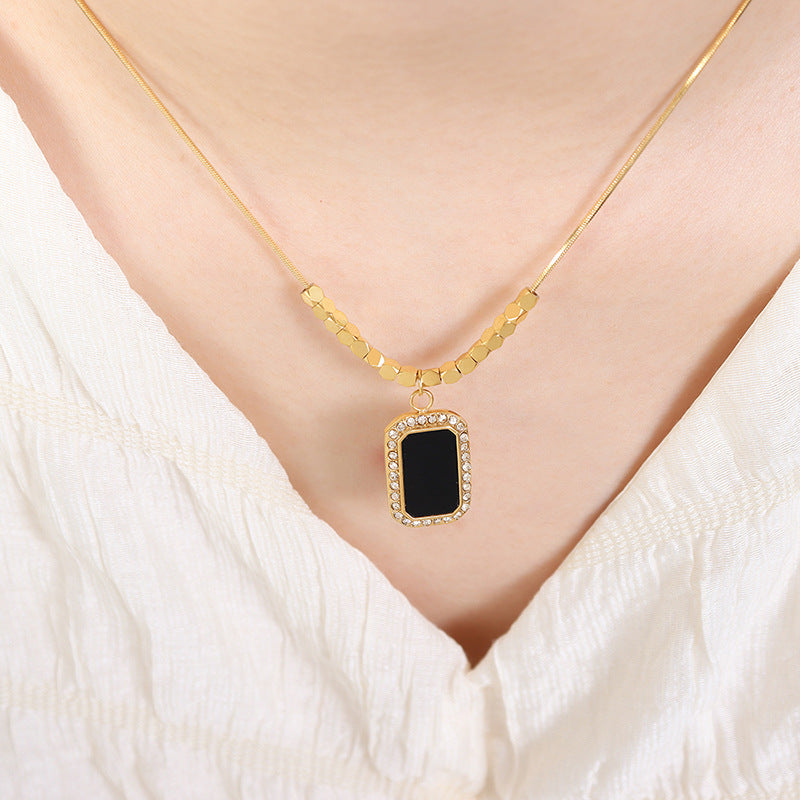 Black Square Plate Jeweled Pendant Geometric Small Square Necklace Cn0285