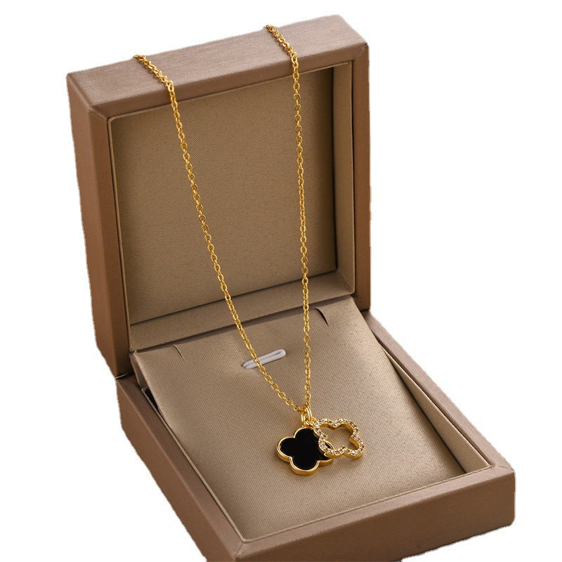 Double-Layer Clover Black and White Fritillary Pendant Titanium Steel Necklace Cn434