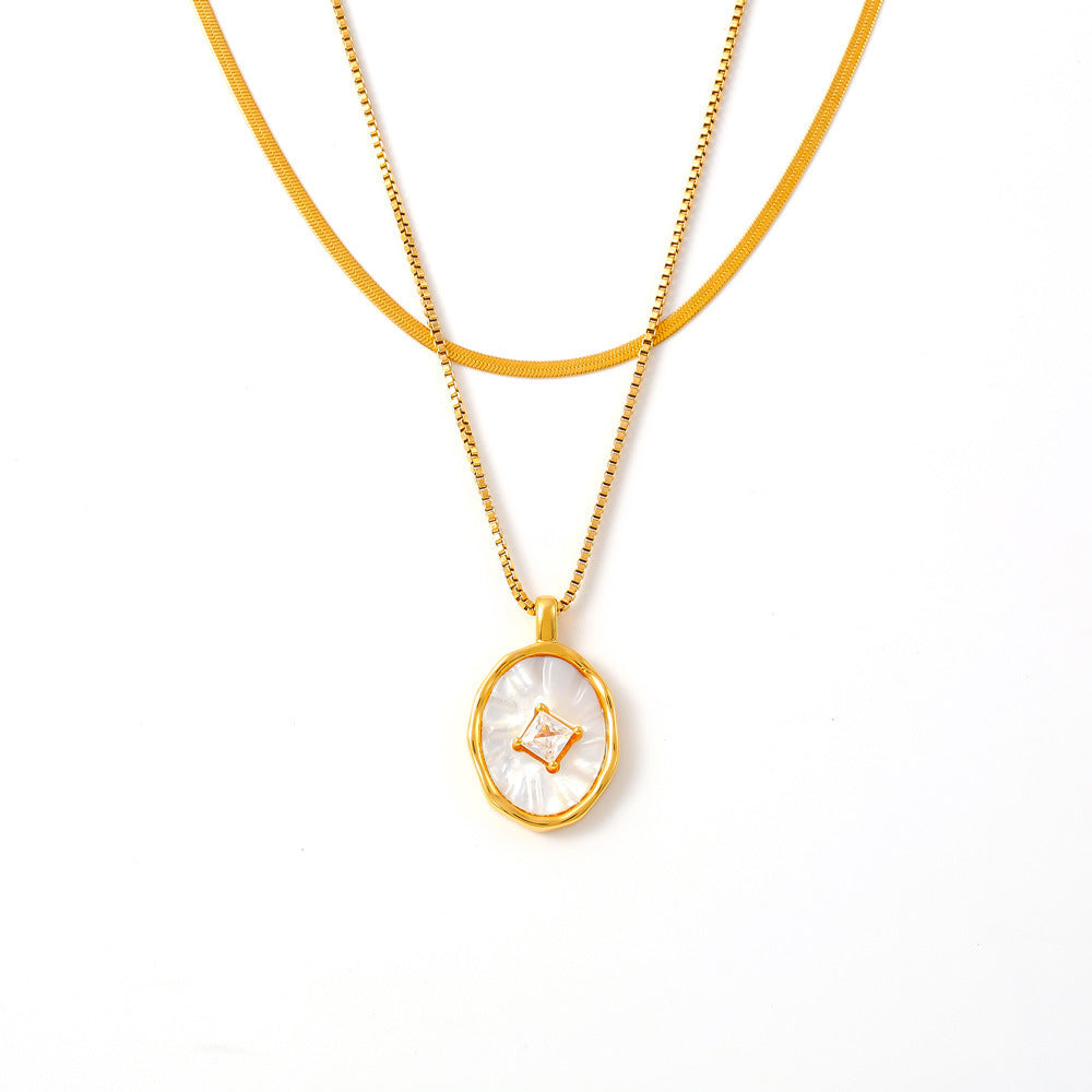 French retro oval fritillary inlaid zircon copper pendant titanium steel clavicle chain plated with 18k real gold stacked wear wind