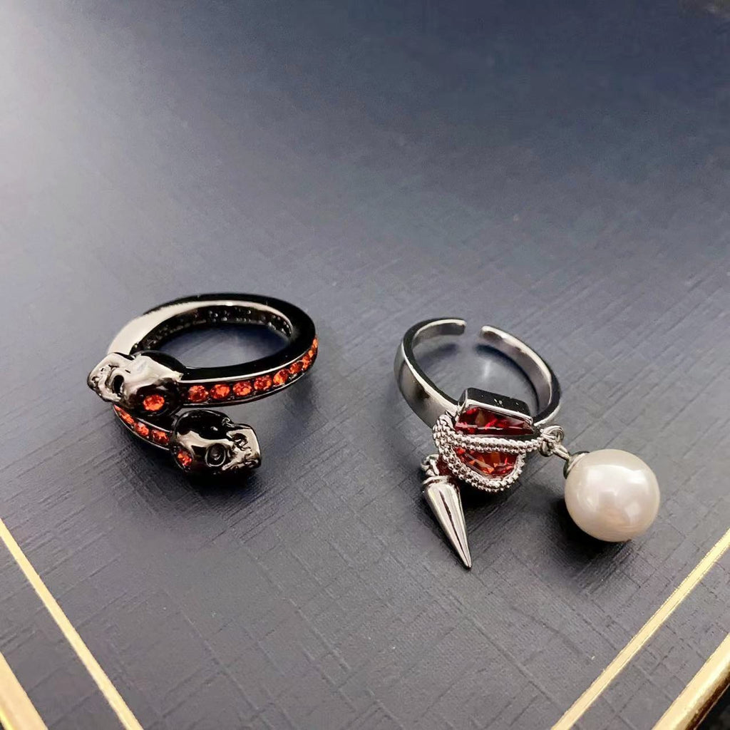 Sweet Cool Inlaid Zirconium Pearl Pendant Skull Ring Opening Cn570