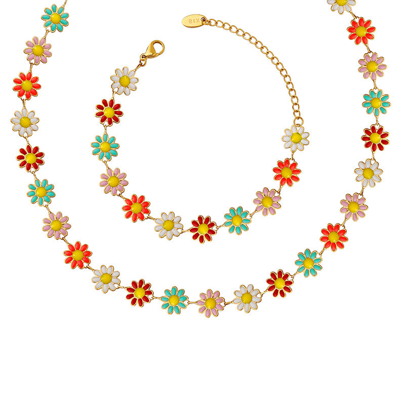 Oil Dripping Colorful Sun Chrysanthemum Flower Pendant Bracelet Set Cn0300