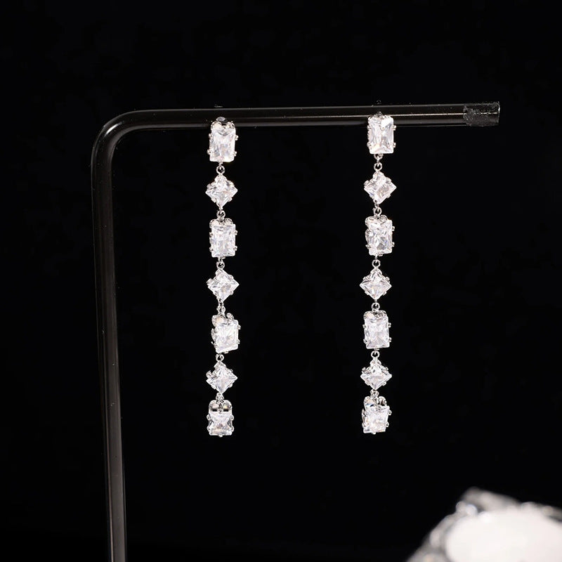 Silver Zircon Long Fringe Earrings Cn0307