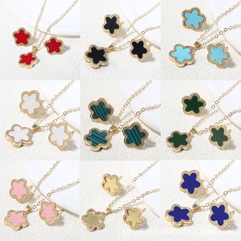 Double-Sided Wide-Brimmed Fritillary Plum Blossom Two-Piece Pendant Necklace Ear Stud Cn0282