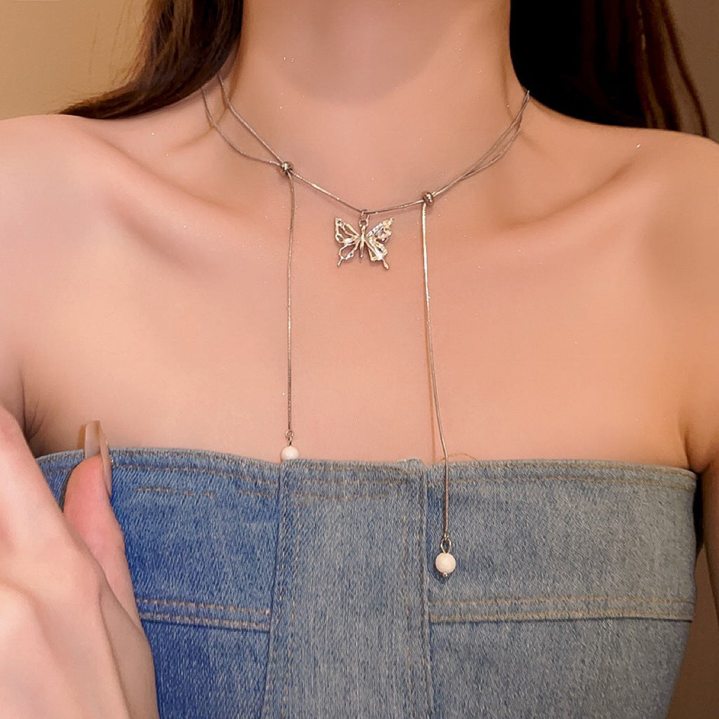 Silver Pull Butterfly Tassel Necklace Cn0227