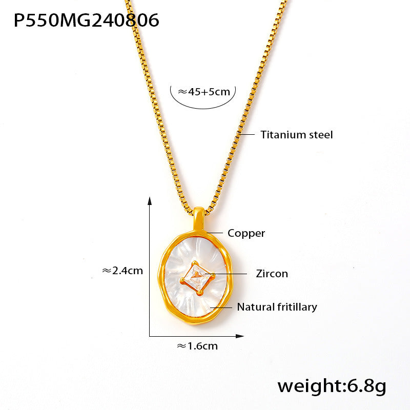 French retro oval fritillary inlaid zircon copper pendant titanium steel clavicle chain plated with 18k real gold stacked wear wind