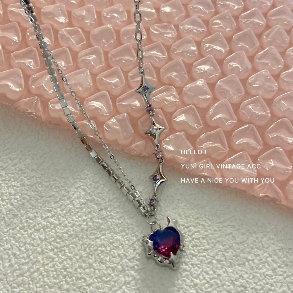 Bingyue Heart Pink Blue Gradient Heart Necklace Color Asterism Stitching Clavicle Chain Cn545