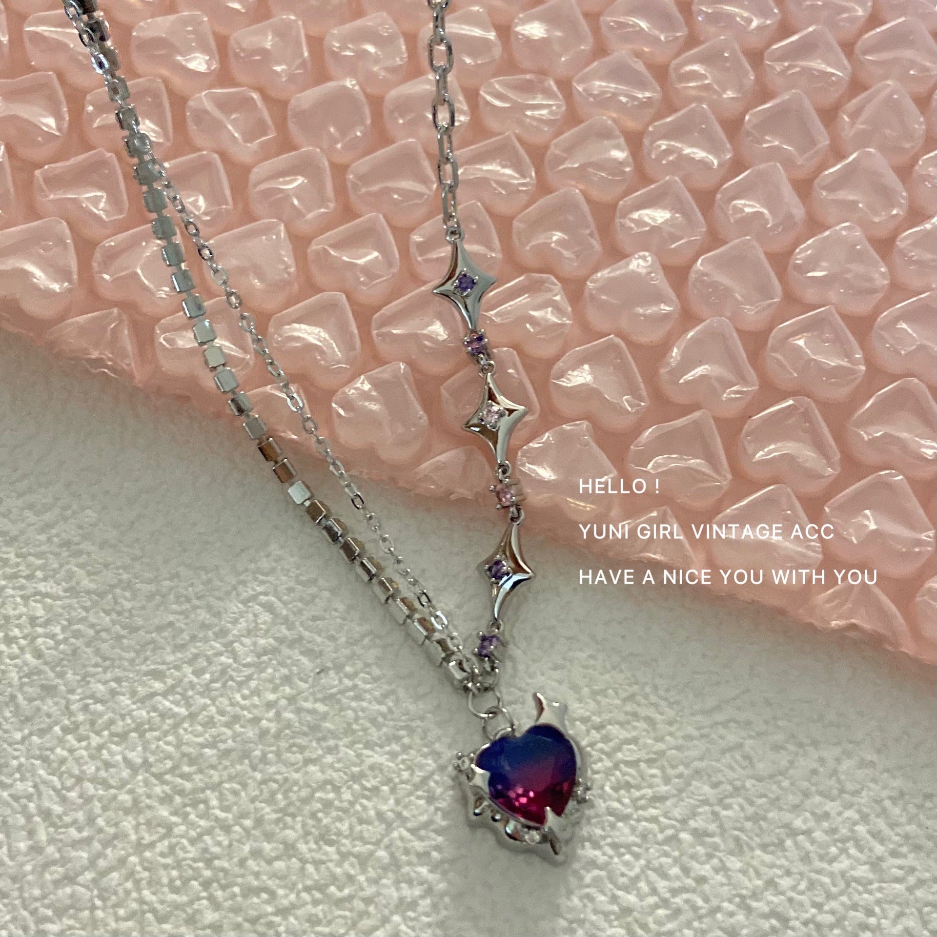 Bingyue Heart Pink Blue Gradient Heart Necklace Color Asterism Stitching Clavicle Chain Cn545