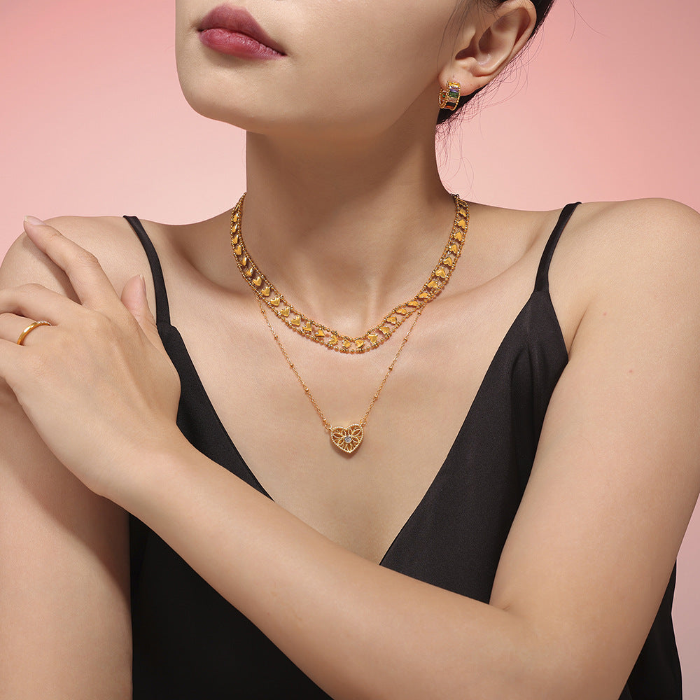 European and American retro sweet double-layer stacked peach heart necklace environmentally friendly copper plating PVD vacuum plating trendy jewelry