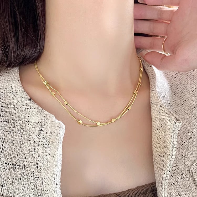 Women's Small Square Double-Layer Necklace Light Luxury Minority Sweater Chain Cn562