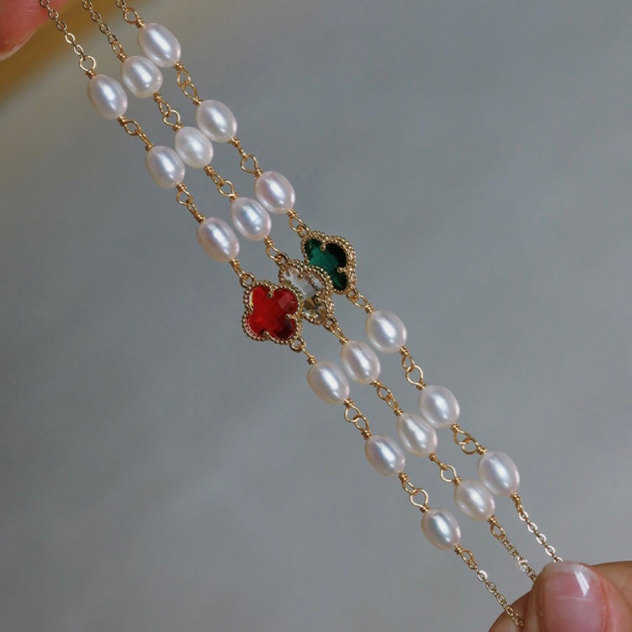 Lucky Four-Leaf Clover Natural Freshwater Pearl Bracelet Cn533