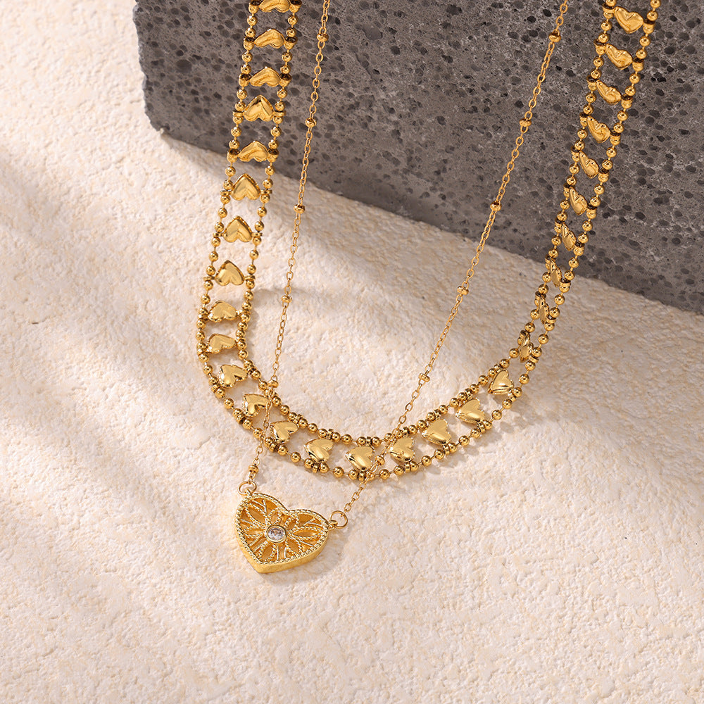 European and American retro sweet double-layer stacked peach heart necklace environmentally friendly copper plating PVD vacuum plating trendy jewelry