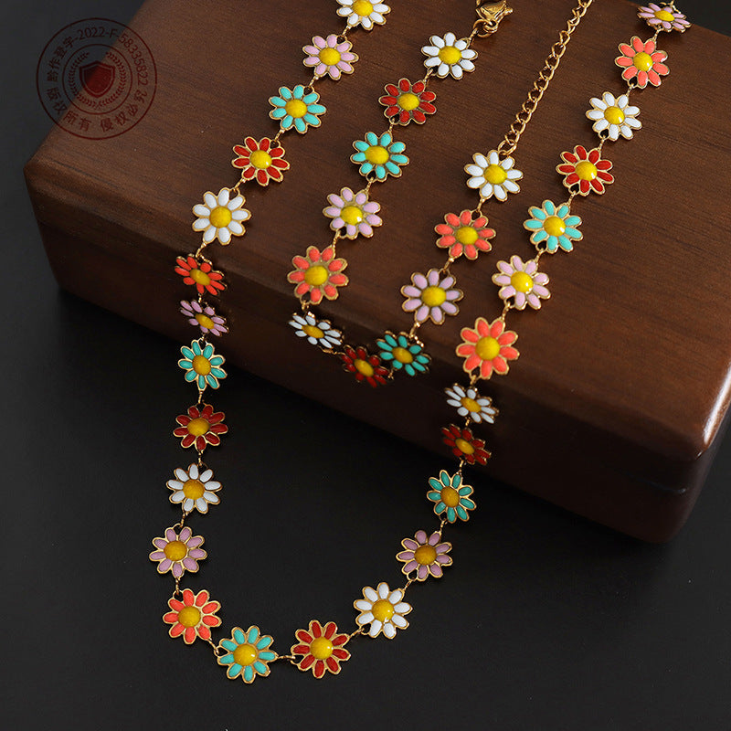 Oil Dripping Colorful Sun Chrysanthemum Flower Pendant Bracelet Set Cn0300