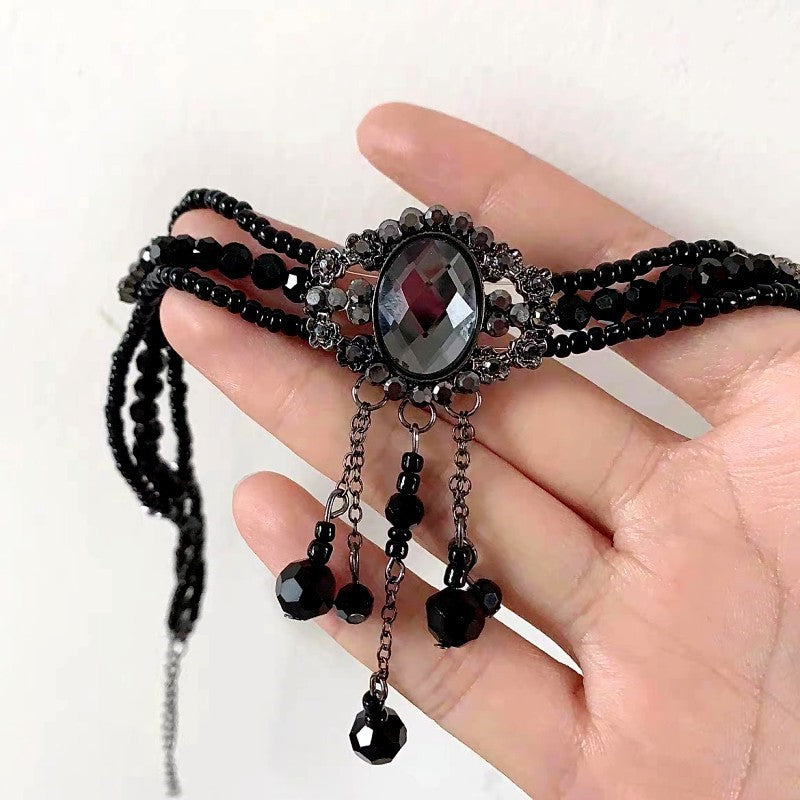 Retro Black & Rhimestone Crystal String Beads Multi-Layer Tassel Clavicle Chain N383