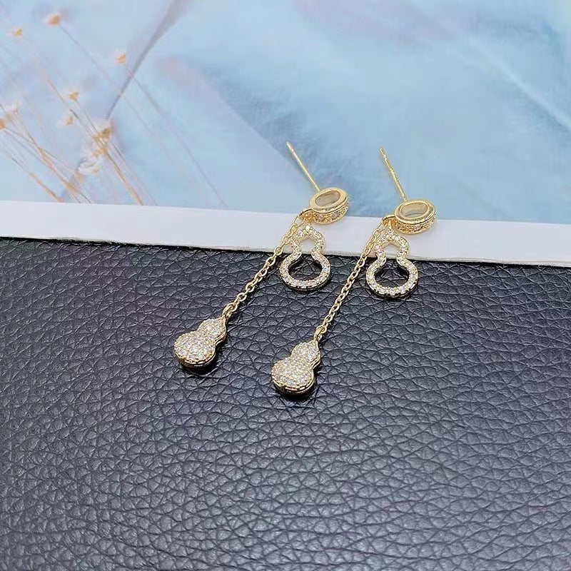Gold Gourd Earrings Tassel Long Zircon Earrings Cn485