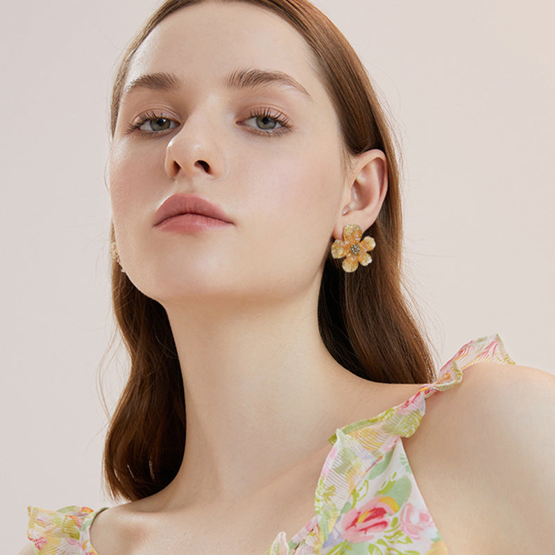 Full Diamond Flower 925 Silver Pin Earrings Cn546