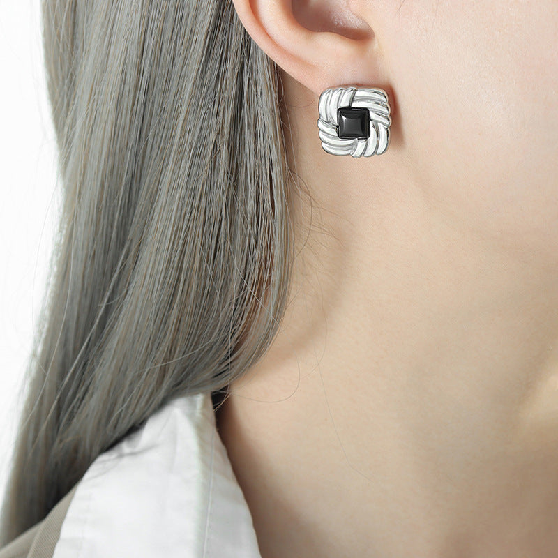 White Opal Black Glass Stone Chain Set Necklace Earrings Cn0289