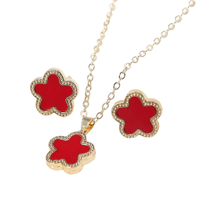 Double-Sided Wide-Brimmed Fritillary Plum Blossom Two-Piece Pendant Necklace Ear Stud Cn0282