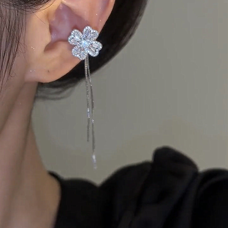 Micro Inlaid Zircon Lucky Flower Long Tassel Ear Clips No Pierced Can Wear Ear Clip Cn553
