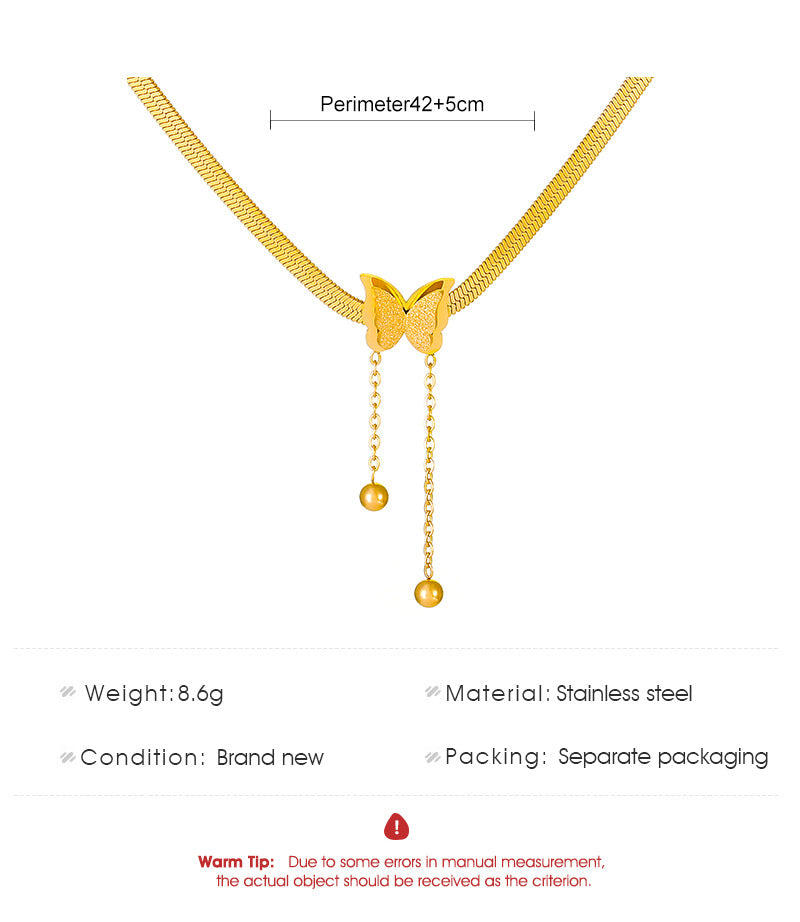 Frosted Butterfly Pendant Titanium Steel Tassel Necklace Cn0286