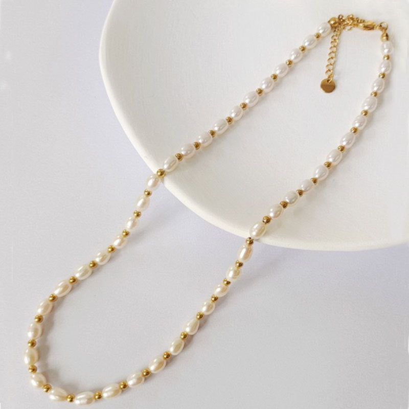Hong Kong style does not fade light luxury double-layer freshwater pearl necklace wholesale does not fade female collarbone chain titanium steel jewelry