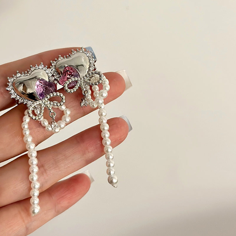 Sweet Cool Style Zircon Pearl Love Bow Ear Clip Cn515