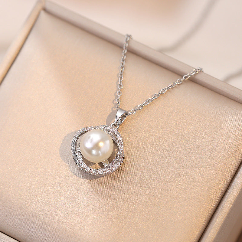 Titanium Steel Zircon Pearl Clavicle Chain Necklace Cn505