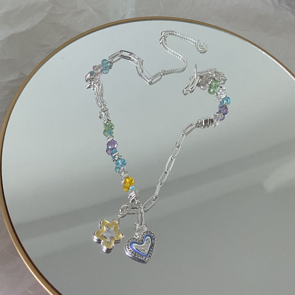 Dopamine Color Crystal String Beads Necklace Detachable Diy Five-Pointed Star Love Pendant Clavicle Chain Cn551