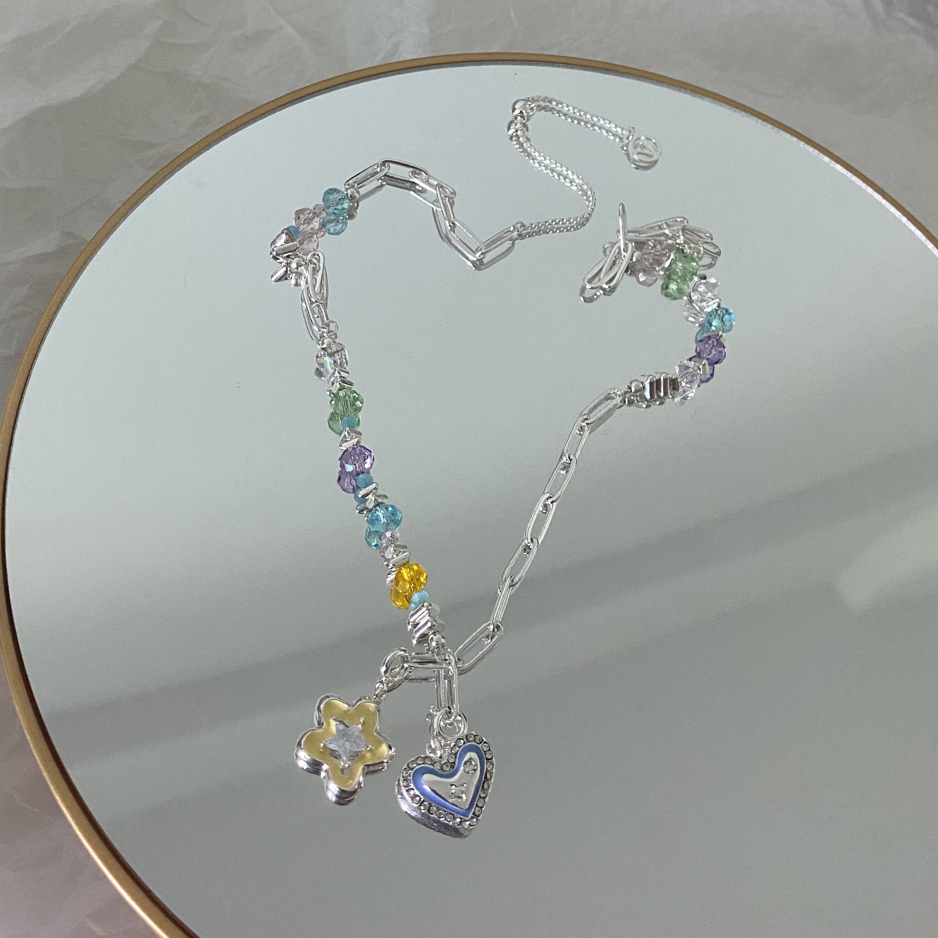 Dopamine Color Crystal String Beads Necklace Detachable Diy Five-Pointed Star Love Pendant Clavicle Chain Cn551