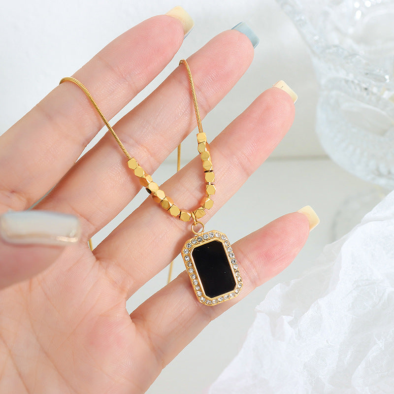 Black Square Plate Jeweled Pendant Geometric Small Square Necklace Cn0285