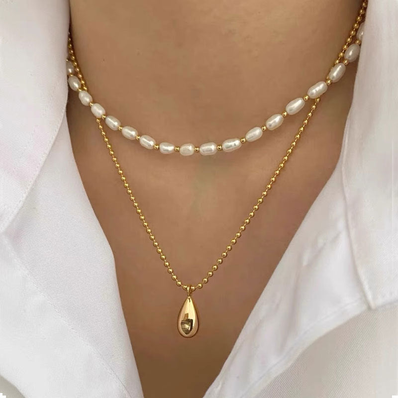 Hong Kong style does not fade light luxury double-layer freshwater pearl necklace wholesale does not fade female collarbone chain titanium steel jewelry