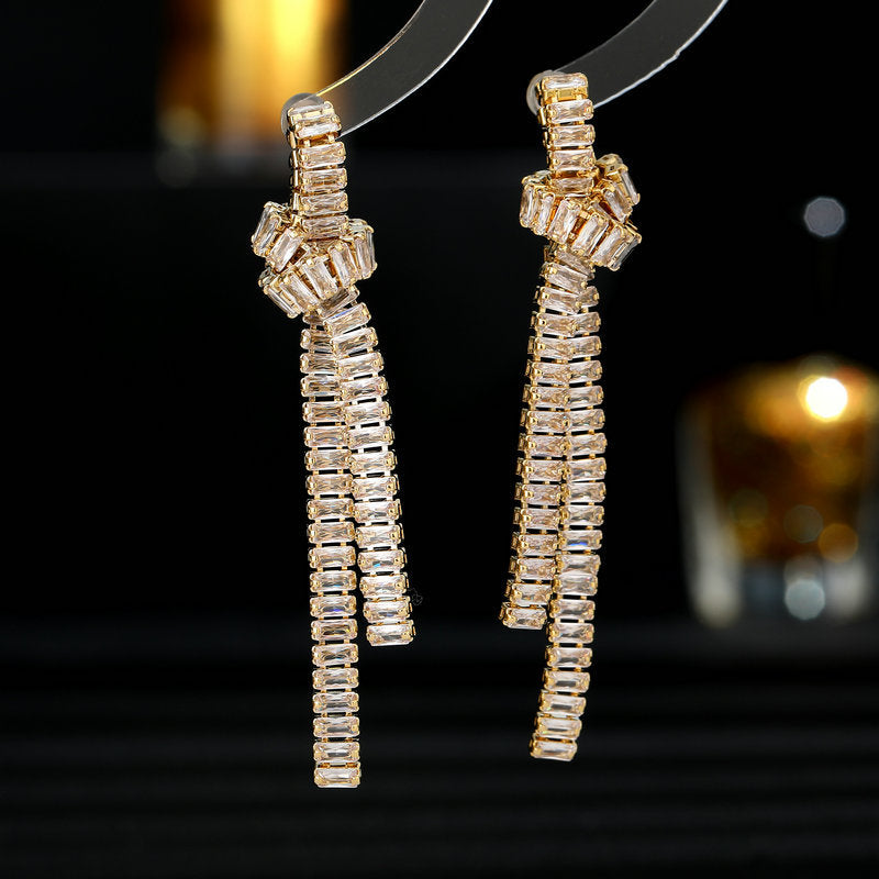 Rectangular Zircon Inlaid Knotted Long Fringe Earrings Cn360