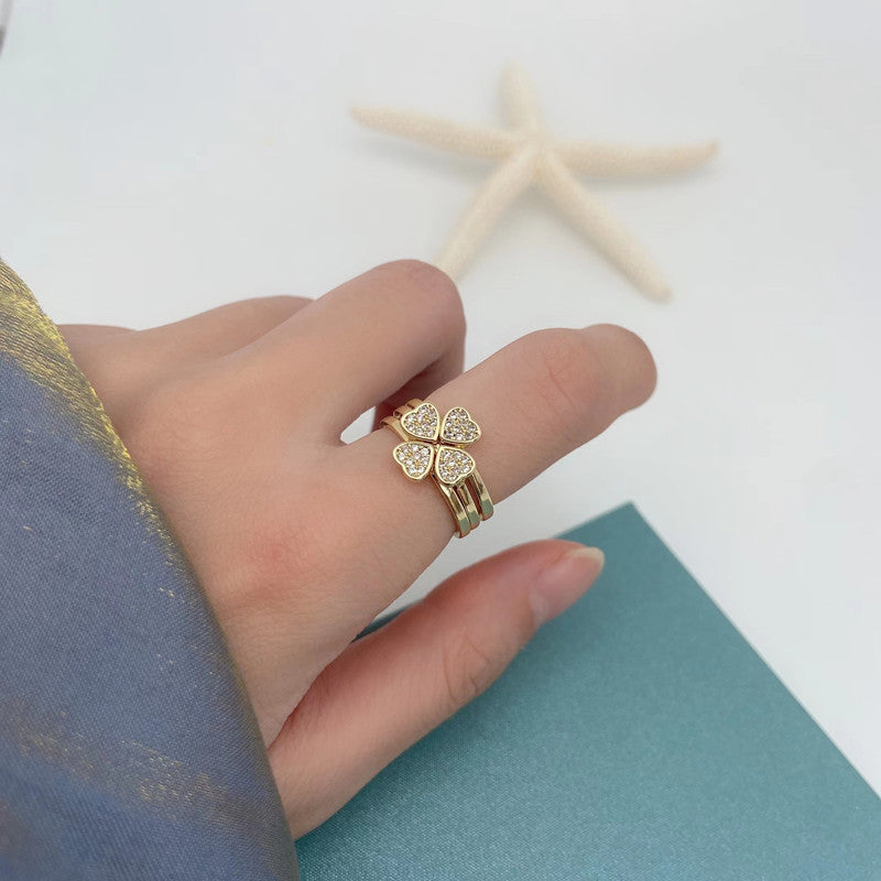 Fully Jeweled Loving Heart Ring Set Removable Clover Open Ring Cn423