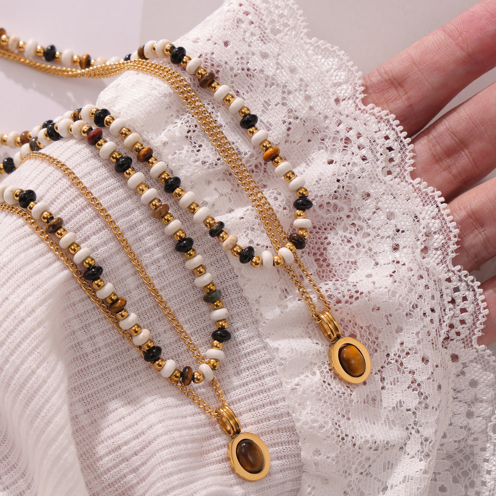 Maillard style natural stone beaded design necklace tiger's eye stone pendant double layer stacked wind titanium steel collarbone chain