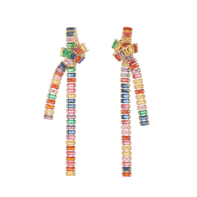 Rectangular Zircon Inlaid Knotted Long Fringe Earrings Cn360