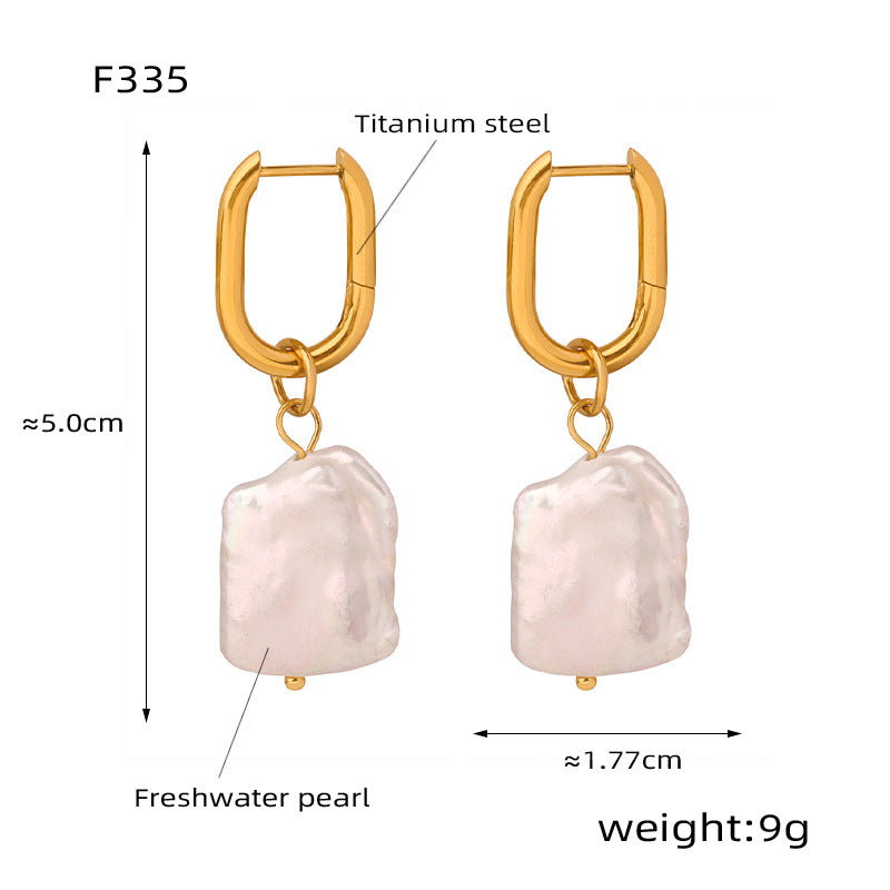 European and American cross-border new retro light luxury personalized titanium steel gold-plated irregular freshwater pearl earrings women's jewelry wholesale