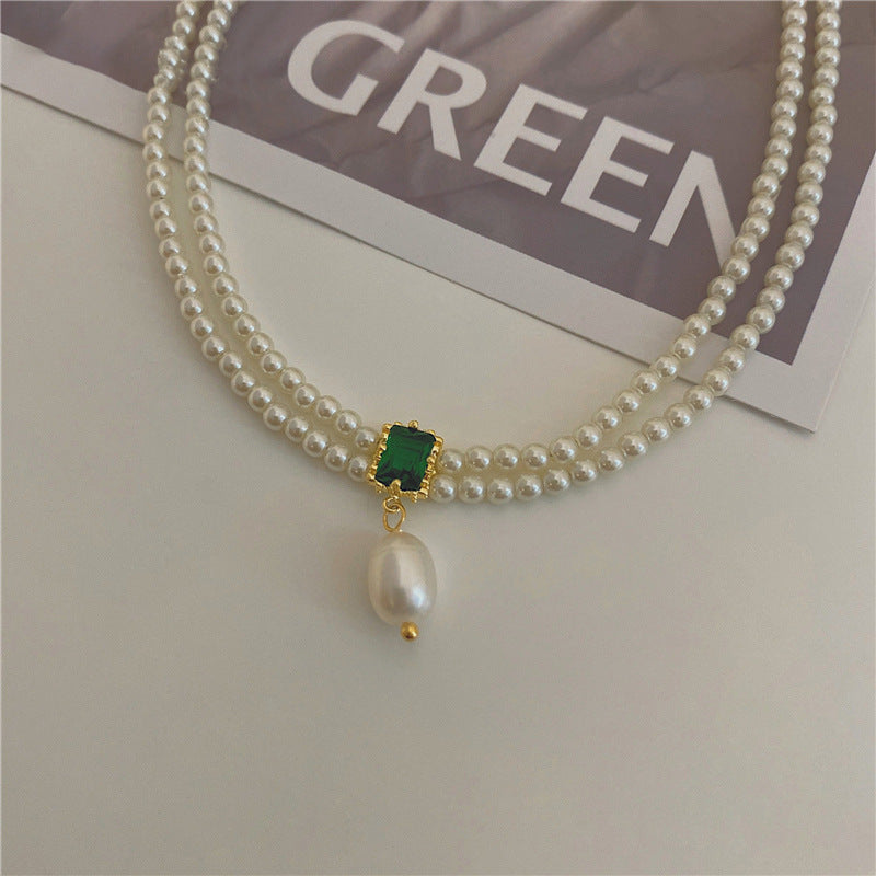 Emerald Square Rhinestone Pearl Necklace Cn444